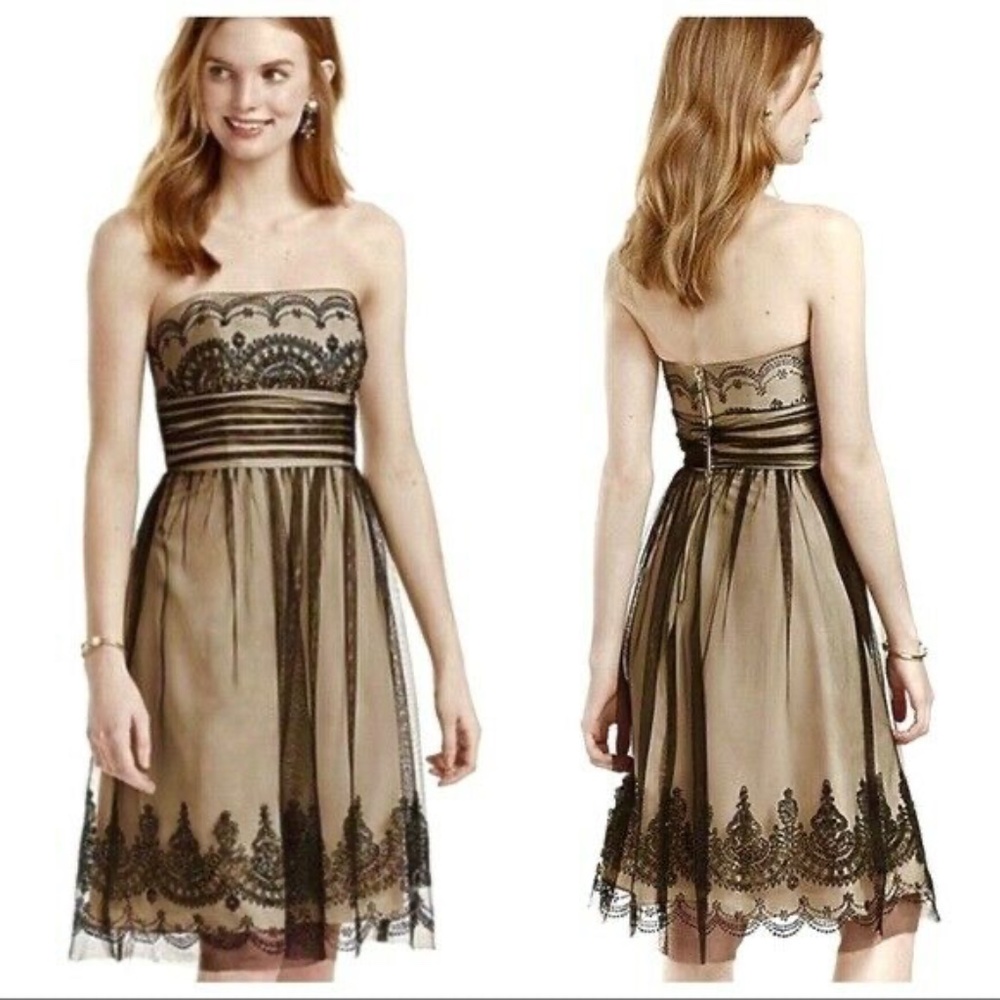 David’s Bridal nude and black tulle strapless dress